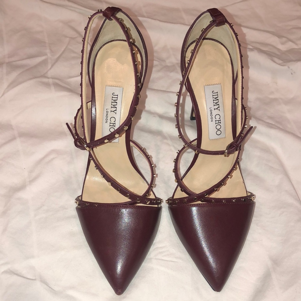 Jimmy Choo Burgundy Leather Studded Tiff Ankle Strap Pump - Size 38.5